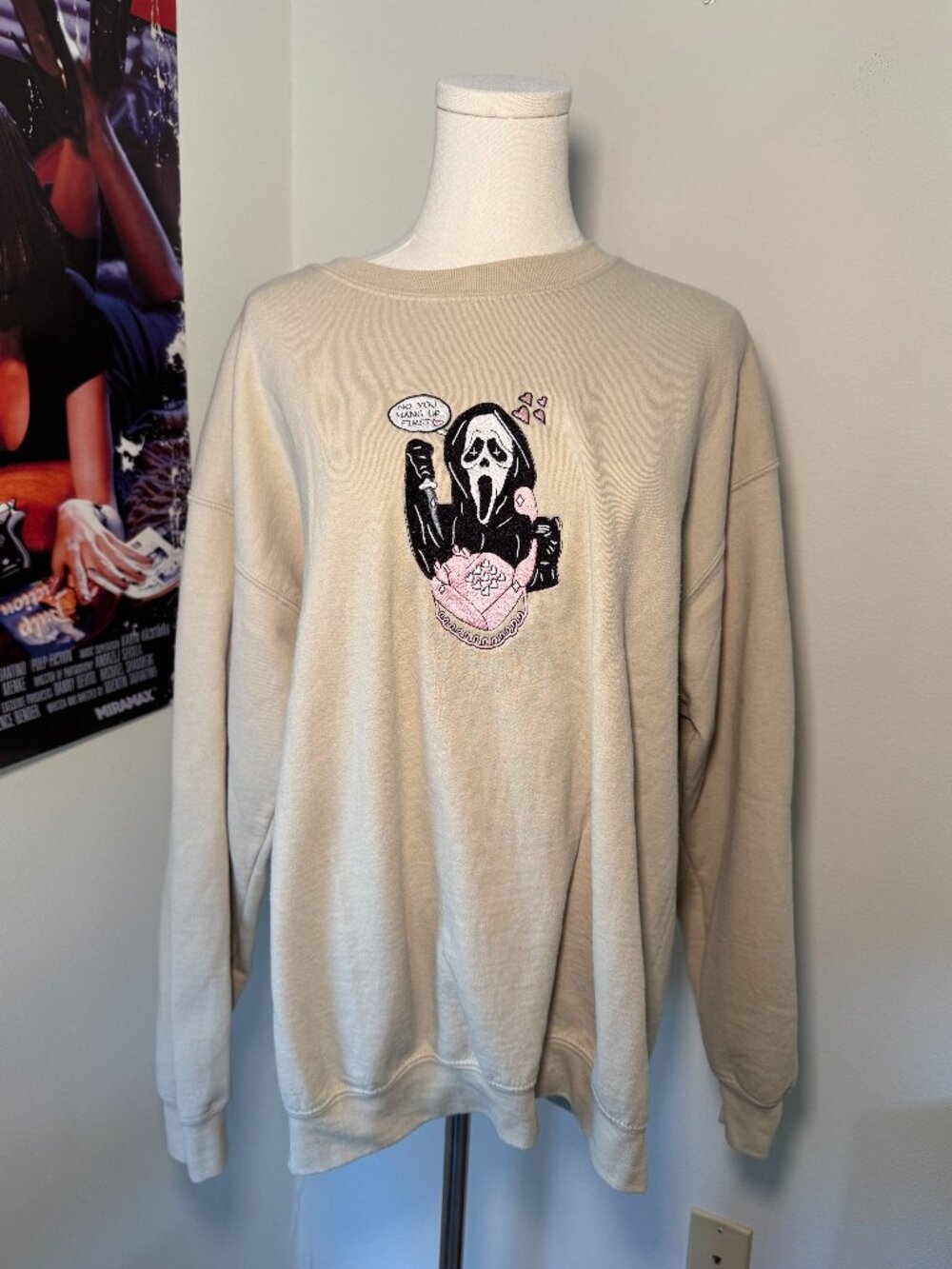 Custom Made Retro-Style Scream Embroidered Tan Crew Neck Sweatshirt